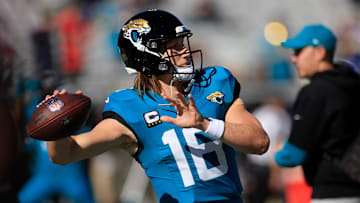 Jacksonville Jaguars quarterback Trevor Lawrence (16) warms up before an NFL football matchup Sunday, Dec. 1, 2024 at EverBank Stadium in Jacksonville, Fla. [Corey Perrine/Florida Times-Union]