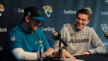 Jacksonville Jaguars general manager James Gladstone, right, smiles at head coach Liam Coen during a press conference at Miller Electric Center Tuesday, April 15, 2025 in Jacksonville, Fla. [Corey Perrine/Florida Times-Union]
