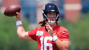 Jacksonville Jaguars quarterback Trevor Lawrence (16) looks to pass during the first organized team activity at Miller Electric Center Monday, May 19, 2025 in Jacksonville, Fla.
