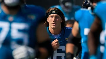 Jacksonville Jaguars quarterback Trevor Lawrence (16) runs on the field with the team before an NFL football matchup Sunday, Oct. 27, 2024 at EverBank Stadium in Jacksonville, Fla. The Packers edged the Jaguars 30-27 on a last-second field goal. [Corey Perrine/Florida Times-Union]