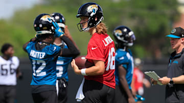 Jacksonville Jaguars quarterback Trevor Lawrence (16) looks on during the 10th organized team activity at Miller Electric Center Wednesday, June 4, 2025 in Jacksonville, Fla. [Corey Perrine/Florida Times-Union]