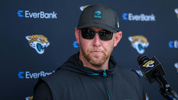 Jul 23, 2025; Jacksonville, FL, USA; Jacksonville Jaguars head coach Liam Coen talks to media after training camp at Miller Electric Center. Mandatory Credit: Nathan Ray Seebeck-Imagn Images