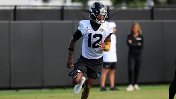 Jacksonville Jaguars wide receiver Travis Hunter (12) runs a route during an NFL training camp session at the Miller Electric Center, Friday, July 25, 2025, in Jacksonville, Fla. [Corey Perrine/Florida Times-Union]