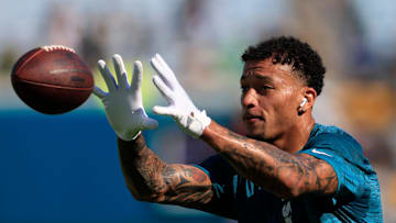 Jacksonville Jaguars tight end Evan Engram (17) catches a pass before an NFL football matchup Sunday, Oct. 27, 2024 at EverBank Stadium in Jacksonville, Fla. [Corey Perrine/Florida Times-Union]
