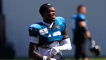 Jacksonville Jaguars wide receiver Travis Hunter (12) smiles as he walks off the field after an NFL training camp session at the Miller Electric Center, Tuesday, July 29, 2025, in Jacksonville, Fla. [Corey Perrine/Florida Times-Union]