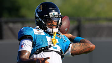Jacksonville Jaguars wide receiver Dyami Brown (5) tosses the ball during an NFL training camp session at the Miller Electric Center, Tuesday, July 29, 2025, in Jacksonville, Fla. [Corey Perrine/Florida Times-Union]