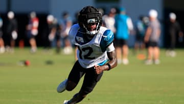 Jacksonville Jaguars wide receiver Travis Hunter (12) runs during an NFL training camp session at the Miller Electric Center, Wednesday, Aug. 6, 2025, in Jacksonville, Fla. [Corey Perrine/Florida Times-Union]