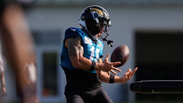 Jacksonville Jaguars wide receiver Parker Washington (11) catches a pass during an NFL training camp session at the Miller Electric Center, Sunday, Aug. 3, 2025, in Jacksonville, Fla.