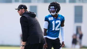 Jacksonville Jaguars head coach Liam Coen lines up against wide receiver Travis Hunter (12) during an NFL training camp session at the Miller Electric Center, Sunday, Aug. 3, 2025, in Jacksonville, Fla. [Corey Perrine/Florida Times-Union]