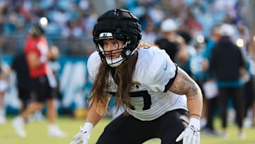 Jacksonville Jaguars linebacker Dennis Gardeck (57) warms up during an NFL scrimmage event at EverBank Stadium, Friday, Aug. 1, 2025, in Jacksonville, Fla. [Corey Perrine/Florida Times-Union]