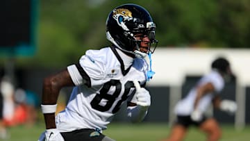 Jacksonville Jaguars wide receiver Darius Lassiter (88) runs during an NFL training camp session at the Miller Electric Center, Monday, Aug. 11, 2025 in Jacksonville, Fla. [Corey Perrine/Florida Times-Union]