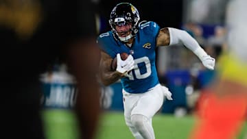 Jacksonville Jaguars wide receiver Eli Pancol (10) rushes for yards during the fourth quarter of an NFL preseason matchup at EverBank Stadium, Saturday, Aug. 9, 2025 in Jacksonville, Fla. The Steelers defeated the Jaguars 31-25. [Corey Perrine/Florida Times-Union]