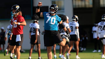 Jacksonville Jaguars offensive tackle Cole Van Lanen (70) stretches during an NFL training camp session at the Miller Electric Center, Wednesday, July 23, 2025, in Jacksonville, Fla. [Corey Perrine/Florida Times-Union]