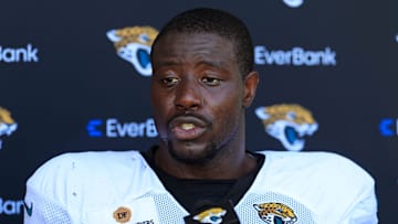 Jacksonville Jaguars linebacker Foyesade Oluokun (23) answers questions from the media after an NFL training camp session at the Miller Electric Center, Tuesday, July 29, 2025, in Jacksonville, Fla. 