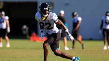 Jacksonville Jaguars cornerback Jarrian Jones (22) runs during an NFL training camp session at the Miller Electric Center, Wednesday, Aug. 6, 2025, in Jacksonville, Fla. [Corey Perrine/Florida Times-Union]