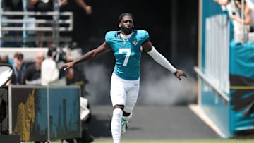 Sep 7, 2025; Jacksonville, Florida, USA; Jacksonville Jaguars wide receiver Brian Thomas Jr. (7) takes the field prior to a game against the Carolina Panthers at EverBank Stadium. Mandatory Credit: Nathan Ray Seebeck-Imagn Images