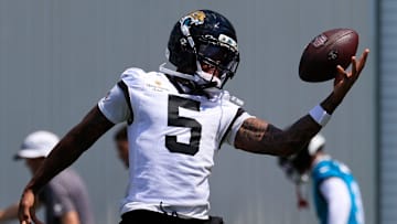 Jacksonville Jaguars wide receiver Dyami Brown (5) catches a pass during an NFL training camp session at the Miller Electric Center, Friday Aug. 15, 2025 in Jacksonville, Fla. [Corey Perrine/Florida Times-Union]