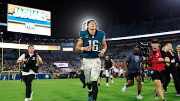 Jacksonville Jaguars quarterback Trevor Lawrence (16) runs off the field after the game of an NFL football matchup at EverBank Stadium, Monday, Oct. 6, 2025, in Jacksonville, Fla. The Jacksonville Jaguars edged the Kansas City Chiefs 31-28. [Corey Perrine/Florida Times-Union]
