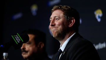 New Jacksonville Jaguars head coach Liam Coen smiles after speaking and being introduced during a press conference Monday, Jan. 27, 2025 at the Miller Electric Center in Jacksonville, Fla. 