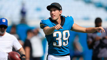 Jacksonville Jaguars kicker Cam Little (39) warms up before an NFL football matchup at EverBank Stadium, Sunday, Sept. 21, 2025, in Jacksonville, Fla. The Jaguars defeated the Texans 17-10.