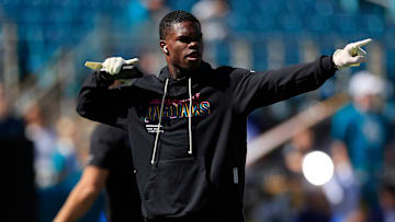 Jacksonville Jaguars wide receiver Travis Hunter (12) dances before an NFL football matchup, Sunday, Oct. 12, 2025, at EverBank Stadium in Jacksonville, Fla. 