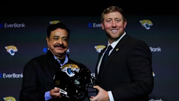 Jacksonville Jaguars owner Shad Khan, left, and new Jaguars head coach Liam Coen pose for a photo after speaking and being introduced during a press conference Monday, Jan. 27, 2025 at the Miller Electric Center in Jacksonville, Fla.