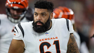 Oct 8, 2023; Glendale, Arizona, USA; Cincinnati Bengals offensive tackle Cody Ford (61) against the Arizona Cardinals at State Farm Stadium. Mandatory Credit: Mark J. Rebilas-Imagn Images