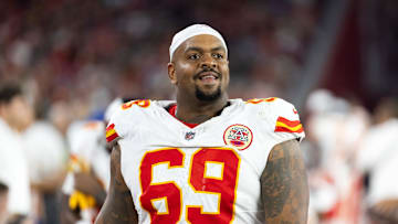 Aug 9, 2025; Glendale, Arizona, USA; Kansas City Chiefs defensive tackle Mike Pennel (69) against the Arizona Cardinals during a preseason NFL game at State Farm Stadium. Mandatory Credit: Mark J. Rebilas-Imagn Images