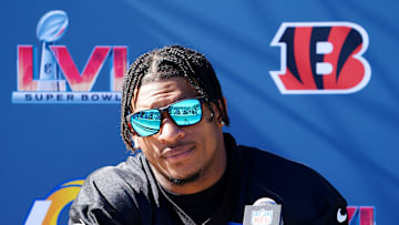 Cincinnati Bengals wide receiver Ja'Marr Chase (1) answers questions from the press during in-person availability, Friday, Feb. 11, 2022, at Drake Stadium on the UCLA campus in Los Angeles. The Cincinnati Bengals are set to face off against the Los Angeles Rams in Super Bowl 56.