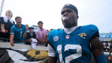 Jacksonville Jaguars wide receiver Travis Hunter (12) walks to greet fans after the game of an NFL football matchup at EverBank Stadium, Sunday, Sept. 7, 2025 in Jacksonville, Fla. The Jaguars defeated the Panthers 26-10. [Corey Perrine/Florida Times-Union]