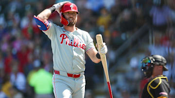 Mar 7, 2025; Bradenton, Florida, USA; Philadelphia Phillies third baseman Kody Clemens (2) reacts after striking out against the Pittsburgh Pirates in the third inning during spring training at LECOM Park.