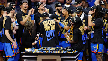 Jun 22, 2025; Oklahoma City, Oklahoma, USA; The Oklahoma City Thunder celebrate after winning game seven of the 2025 NBA Finals against the Indiana Pacers at Paycom Center. Mandatory Credit: Alonzo Adams-Imagn Images
