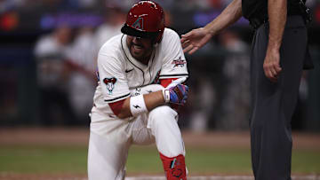 Jul 15, 2025; Cumberland, Georgia, USA; National League third baseman Eugenio Suarez (28) of the Arizona Diamondbacks reacts after getting hit by a pitch in the eighth inning during the 2025 MLB All Star Game at Truist Park. Mandatory Credit: Brett Davis-Imagn Images