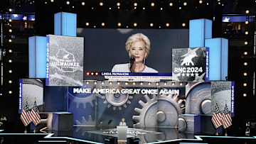 July 18, 2024; Milwaukee, WI, USA; Linda McMahon, former Administrator of the Small Business Administration, speaks during the final day of the Republican National Convention at the Fiserv Forum. The final day of the RNC featured a keynote address by Republican presidential nominee Donald Trump. Mandatory Credit: Jasper Colt-USA TODAY