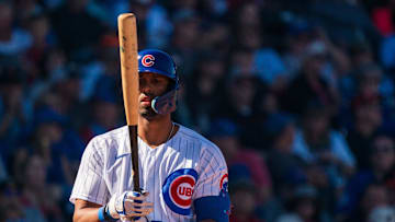 Feb 25, 2023; Mesa, Arizona, USA; Chicago Cubs outfielder Brennen Davis (94) at bat in the fourth
