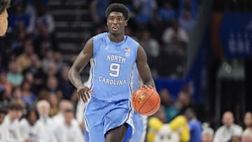 Mar 14, 2025; Charlotte, NC, USA; North Carolina Tar Heels guard Drake Powell (9) during the first half against the Duke Blue Devils at Spectrum Center. Mandatory Credit: Jim Dedmon-Imagn Images