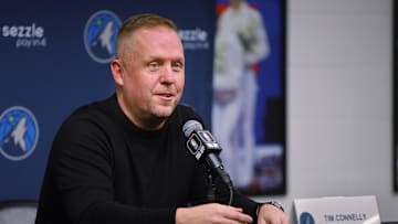 Sep 29, 2025; Minneapolis, MN, USA; Minnesota Timberwolves president of basketball operations Tim Connelly speaks to the media during media day at Target Center. Mandatory Credit: Bruce Kluckhohn-Imagn Images