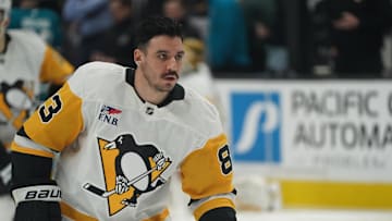 Jan 27, 2025; San Jose, California, USA;  Pittsburgh Penguins left winger Matt Nieto (83) warms up before the game against the San Jose Sharks at SAP Center at San Jose. Mandatory Credit: David Gonzales-Imagn Images