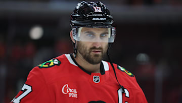 Mar 18, 2025; Chicago, Illinois, USA; Chicago Blackhawks left wing Nick Foligno (17) warms up before a game against the Seattle Kraken at United Center. Mandatory Credit: Talia Sprague-Imagn Images