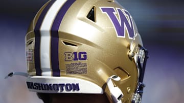 Sep 21, 2024; Seattle, Washington, USA; Detail view of a Washington Huskies helmet before a game against the Northwestern Wildcats at Alaska Airlines Field at Husky Stadium. Mandatory Credit: Joe Nicholson-Imagn Images