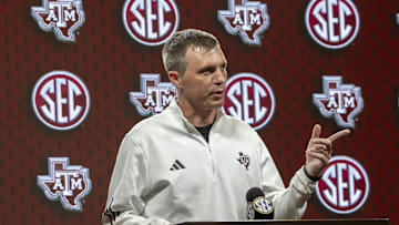 Oct 15, 2025; Birmingham, AL, USA; Texas A&M Aggies head coach Bucky McMillan talks with the media during SEC Media Days at Grand Bohemian Hotel. Mandatory Credit: Vasha Hunt-Imagn Images