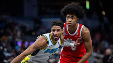 Feb 20, 2025; Indianapolis, Indiana, USA; Indiana Pacers guard Tyrese Haliburton (0) and Memphis Grizzlies forward Jaylen Wells (0) in the first half at Gainbridge Fieldhouse. Mandatory Credit: Trevor Ruszkowski-Imagn Images