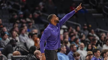 Feb 3, 2025; Charlotte, North Carolina, USA; Charlotte Hornets head coach Charles Lee  during the second half directs his team against the Washington Wizards at Spectrum Center. Mandatory Credit: Jim Dedmon-Imagn Images