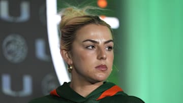 Oct 9, 2024; Charlotte, NC, USA;  Miami player Haley Cavinder during ACC Media Days at The Hilton Charlotte Uptown. 