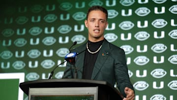 Jul 22, 2025; Charlotte, NC, USA; Miami quarterback Carson Beck answers questions from the media during ACC Media Days at Hilton Charlotte Uptown. Mandatory Credit: Jim Dedmon-Imagn Images