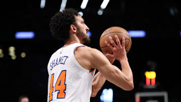 Apr 13, 2025; Brooklyn, New York, USA; New York Knicks guard Landry Shamet (44) shoots the ball during the first half against the Brooklyn Nets at Barclays Center. Mandatory Credit: Vincent Carchietta-Imagn Images