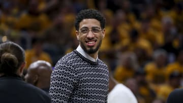 May 27, 2024; Indianapolis, Indiana, USA; Tyrese Haliburton during the first quarter during game four of the eastern conference finals for the 2024 NBA playoffs at Gainbridge Fieldhouse. Mandatory Credit: Trevor Ruszkowski-USA TODAY Sports