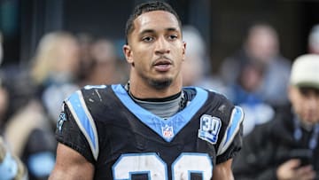 Carolina Panthers running back Chuba Hubbard after his game winning touchdown against the Arizona Cardinals.