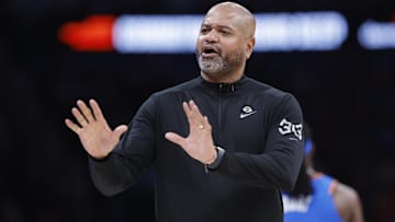 Apr 2, 2025; Oklahoma City, Oklahoma, USA; Detroit Pistons head coach J.B. Bickerstaff reacts during the second half against the Oklahoma City Thunder at Paycom Center. Mandatory Credit: Alonzo Adams-Imagn Images