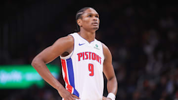Nov 18, 2025; Atlanta, Georgia, USA; Detroit Pistons guard Ausar Thompson (9) in action against the Atlanta Hawks in the third quarter at State Farm Arena. Mandatory Credit: Brett Davis-Imagn Images